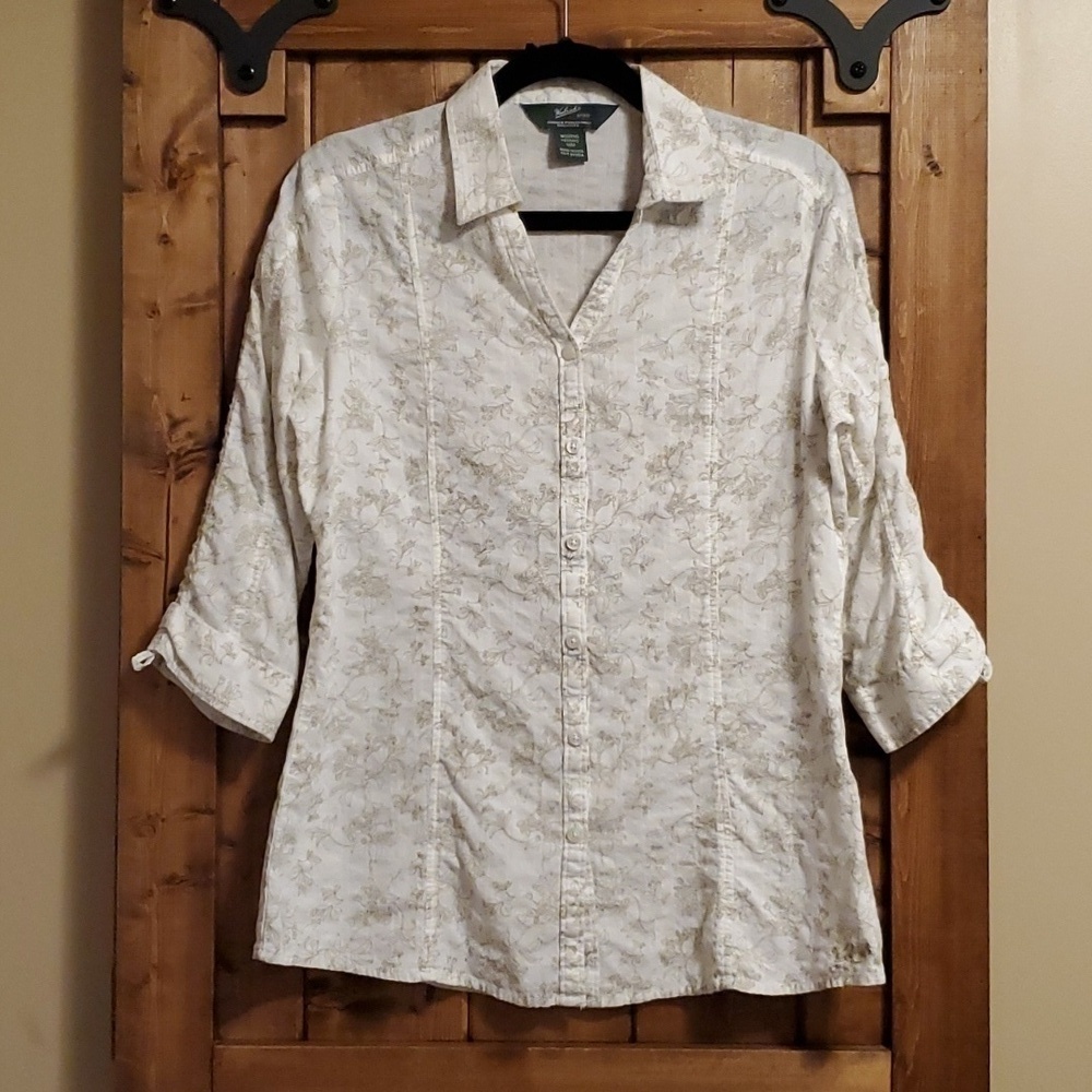 Woolrich Cotton White Tan Floral Print Shirred 3/4 Sleeve Blouse Size Med